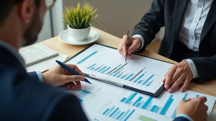 Financieel adviseur bespreekt grafieken met ondernemer